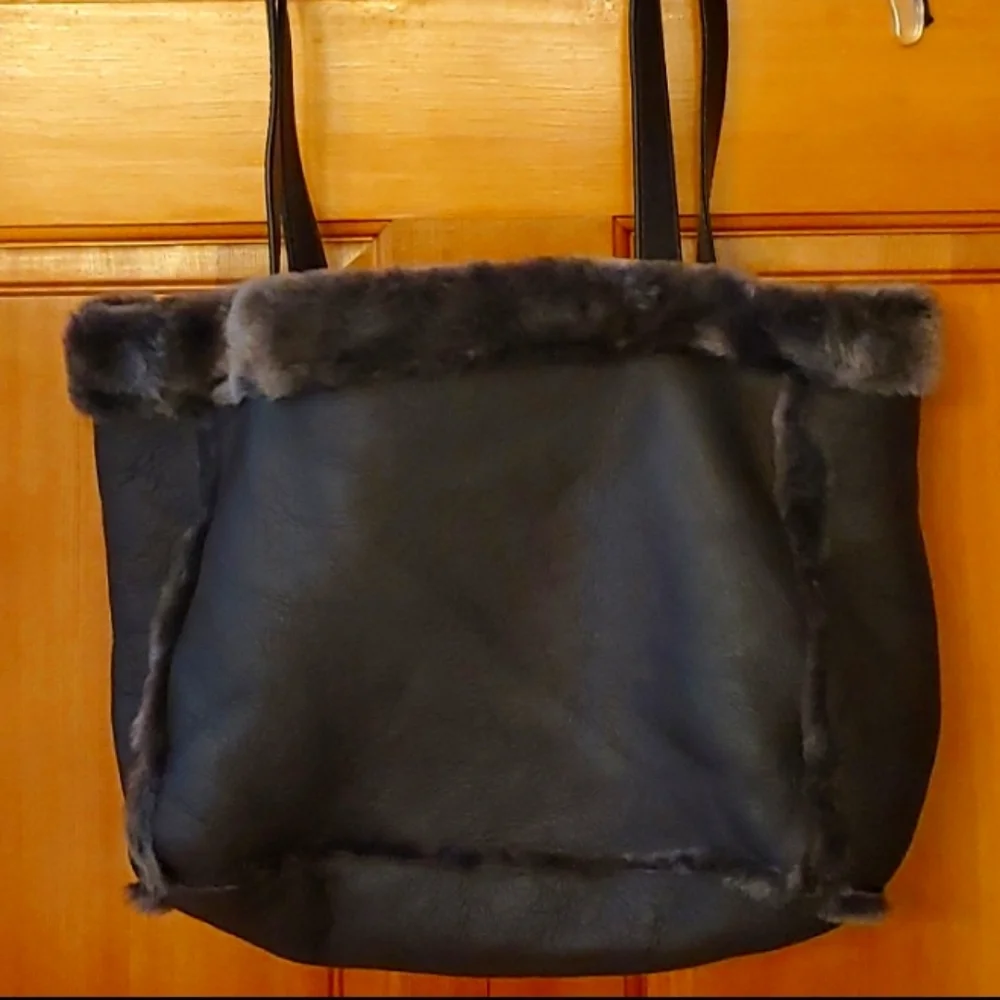 Aston New York Brown Leather Shearling Plush Tote Bag Shoulder‎ Purse